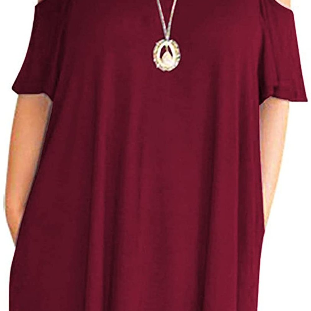 Kancystore  Short Sleeve Cold Shoulder Casual T-Shirt Swing Dress with Pockets